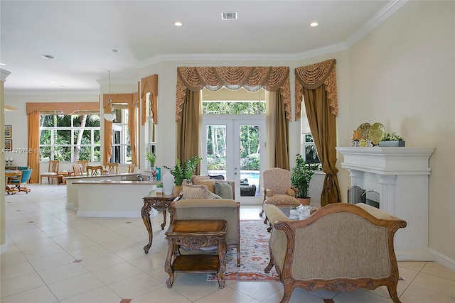 living area featuring crown molding, french doors, and light tile floors