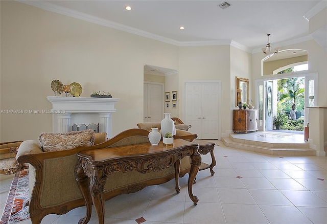 tiled living room with ornamental molding and a high ceiling