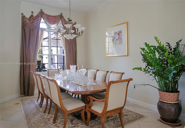 tiled dining space with a chandelier and crown molding