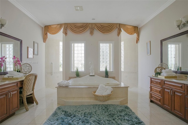 bathroom with tile floors, ornamental molding, vanity, and a bath to relax in