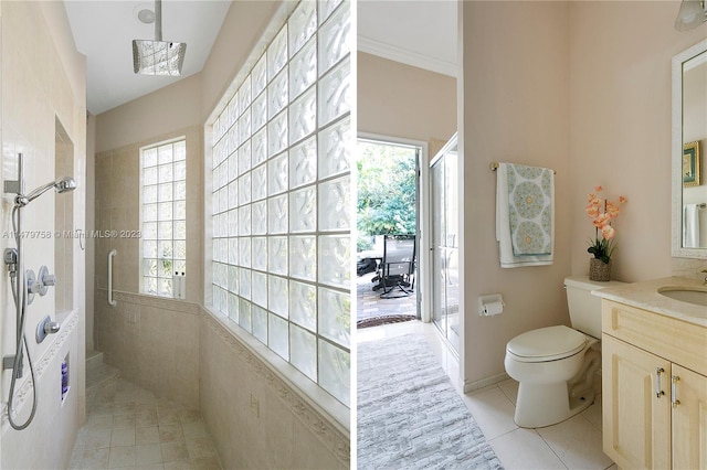 bathroom with vanity, tile floors, toilet, and walk in shower