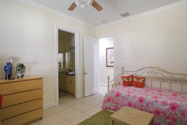 tiled bedroom featuring ensuite bath, crown molding, and ceiling fan