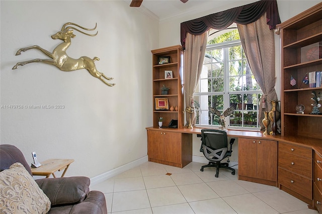 tiled office with crown molding and ceiling fan