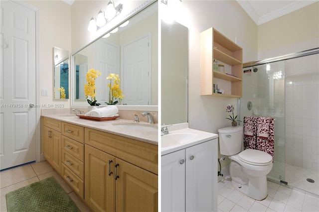 bathroom featuring double sink vanity, tile flooring, a shower with door, and ornamental molding