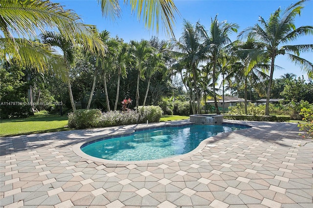 view of swimming pool featuring an in ground hot tub and a patio