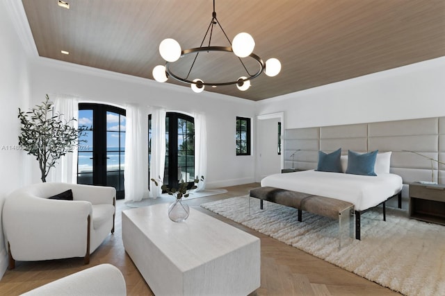 bedroom featuring wood ceiling, parquet floors, and an inviting chandelier