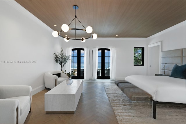 bedroom with a notable chandelier, parquet flooring, ornamental molding, french doors, and wood ceiling