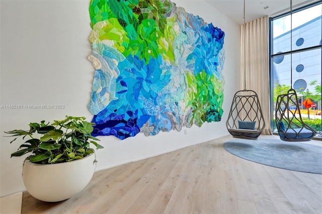 workout room featuring a wall of windows and light hardwood / wood-style flooring