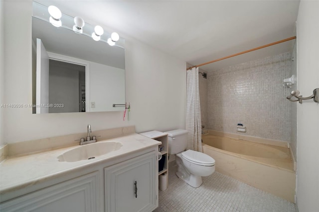 full bathroom featuring shower / bathtub combination with curtain, vanity, tile patterned flooring, and toilet