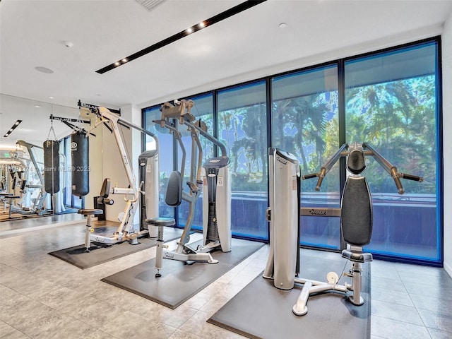 workout area featuring floor to ceiling windows, a healthy amount of sunlight, and light tile patterned flooring