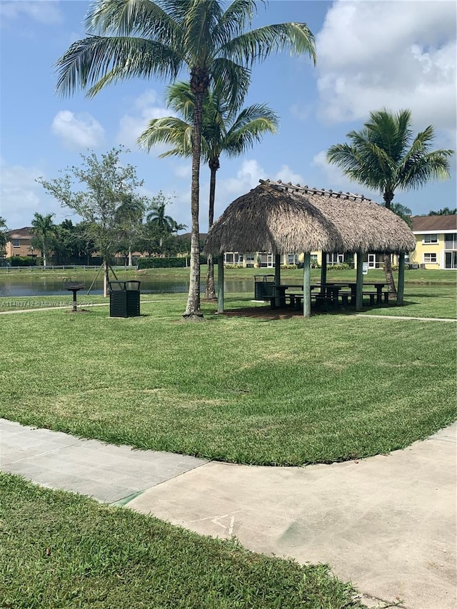 view of nearby features featuring a lawn and a gazebo