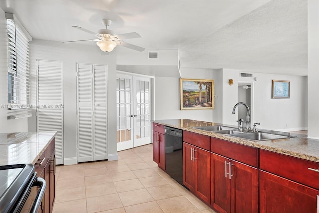 kitchen with light stone counters, ceiling fan, sink, dishwasher, and french doors