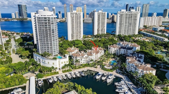 drone / aerial view featuring a water view