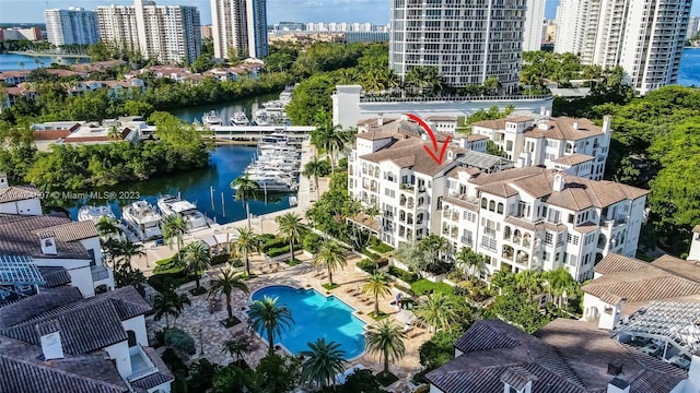 bird's eye view featuring a water view