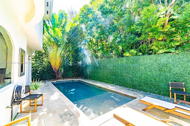 view of pool featuring a lawn and a patio