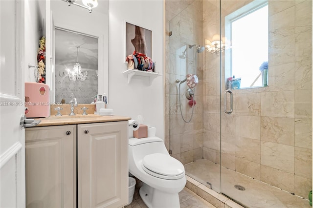 bathroom featuring toilet, tile flooring, walk in shower, and vanity