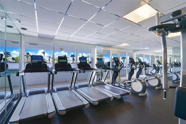 workout area featuring plenty of natural light and a drop ceiling