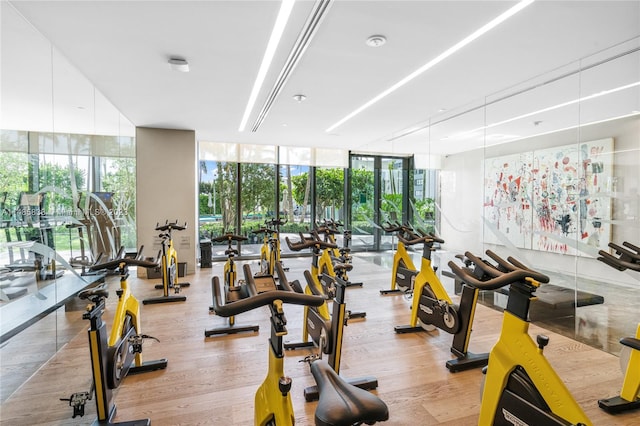 workout area featuring floor to ceiling windows and light hardwood / wood-style flooring