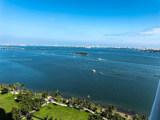 drone / aerial view featuring a water view