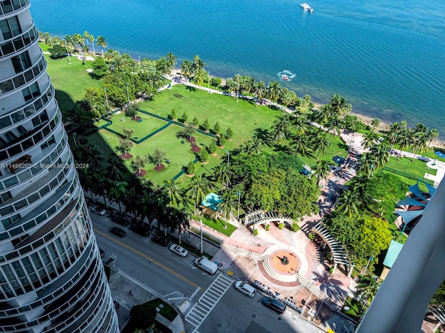 drone / aerial view with a water view