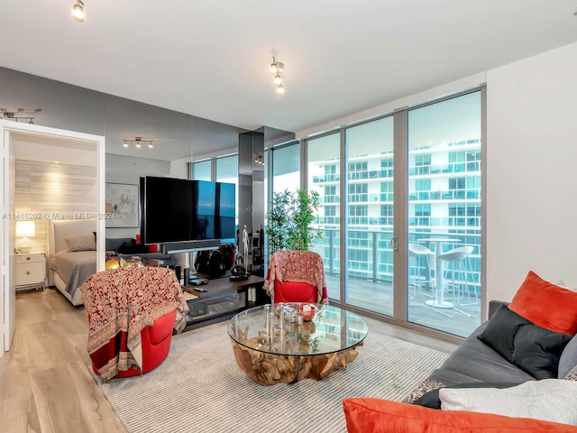 living room with expansive windows and light hardwood / wood-style flooring