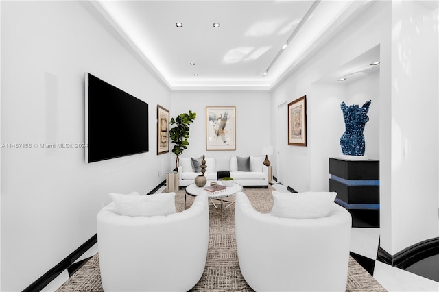 living room featuring a raised ceiling