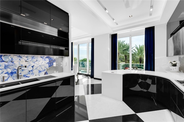 kitchen featuring tasteful backsplash, a raised ceiling, and sink