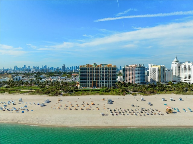 drone / aerial view featuring a water view and a view of the beach