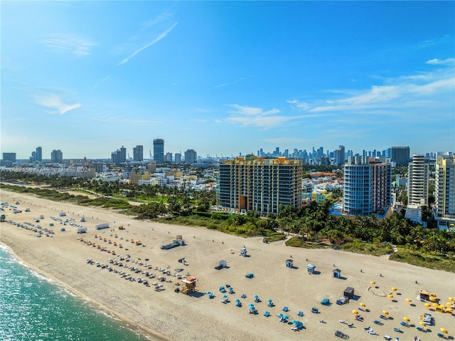 aerial view with a water view and a view of the beach