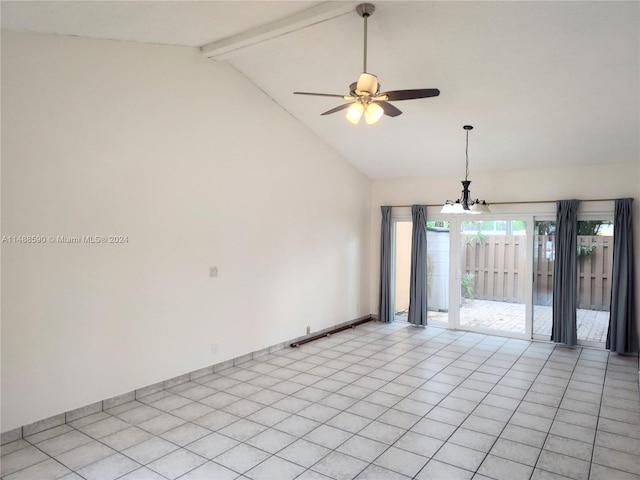 tiled empty room with beamed ceiling, ceiling fan with notable chandelier, and high vaulted ceiling