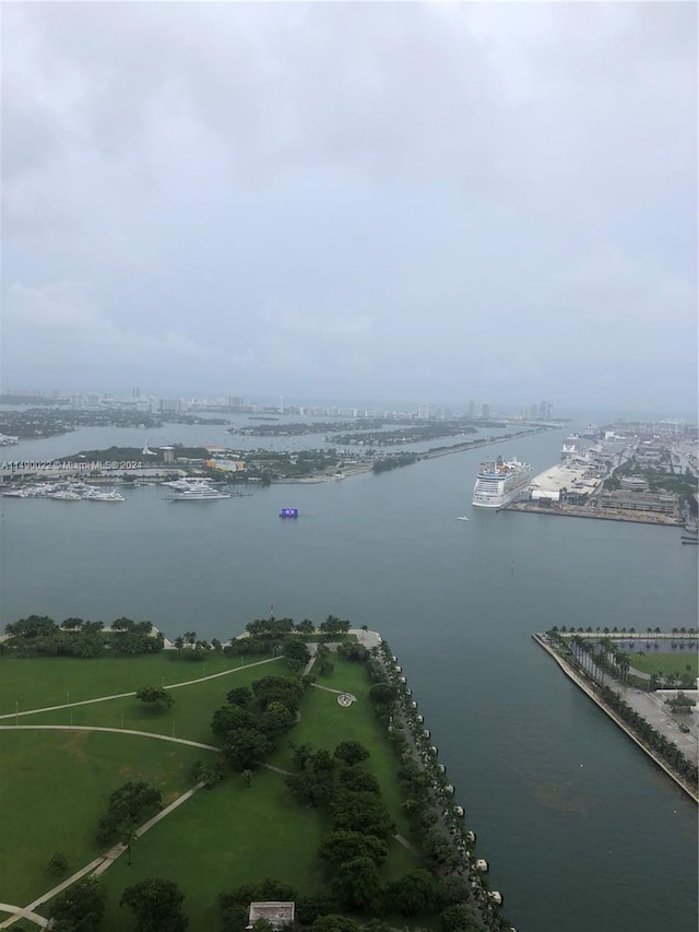 bird's eye view with a water view