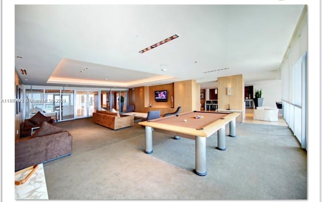 game room featuring a raised ceiling, pool table, and light carpet