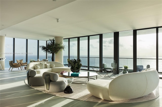 interior space with a water view