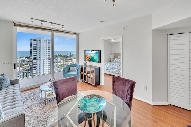 living room with hardwood / wood-style floors, a water view, a textured ceiling, and rail lighting