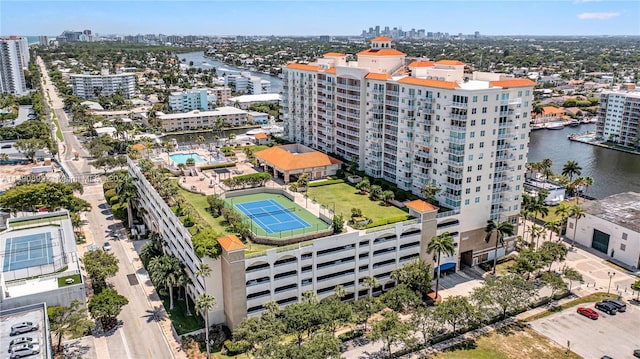 drone / aerial view with a water view