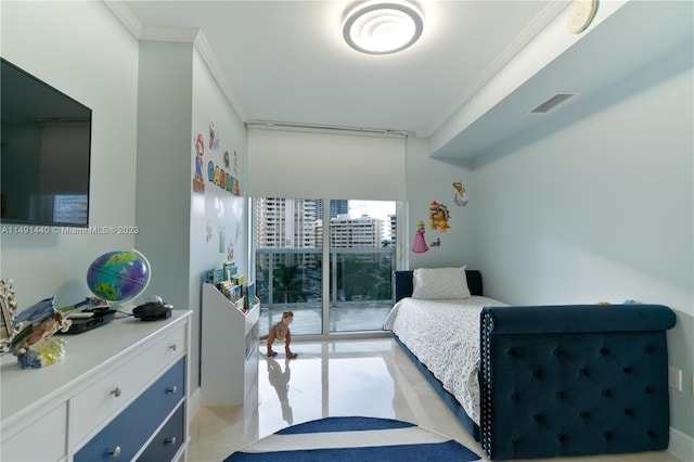 bedroom featuring light tile floors, access to outside, and ornamental molding