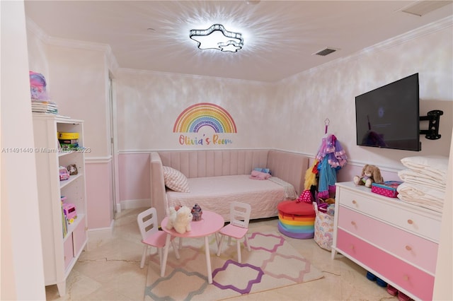 bedroom with light tile flooring and ornamental molding