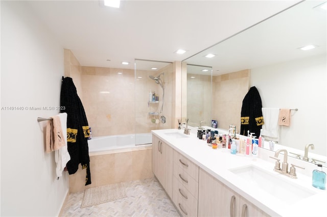 bathroom with dual bowl vanity and tile flooring