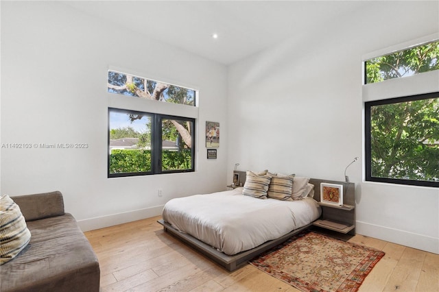 bedroom featuring light hardwood / wood-style floors and multiple windows