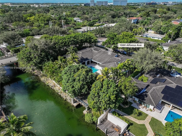 bird's eye view with a water view