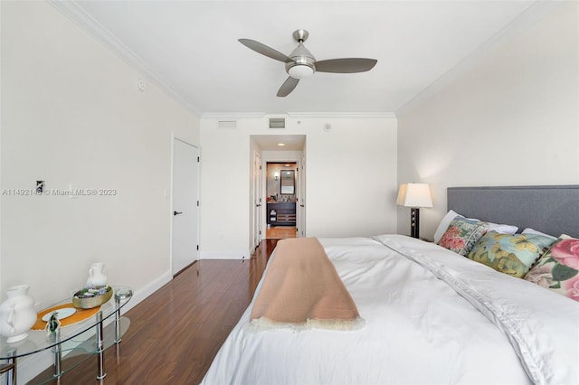 bedroom with dark wood-type flooring, crown molding, and ceiling fan