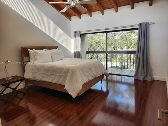 bedroom with vaulted ceiling with beams, access to exterior, ceiling fan, and dark wood-type flooring