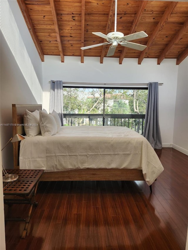 bedroom featuring dark hardwood / wood-style floors, vaulted ceiling with beams, and wood ceiling