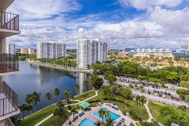 bird's eye view with a water view