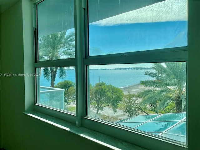 interior details with a water view