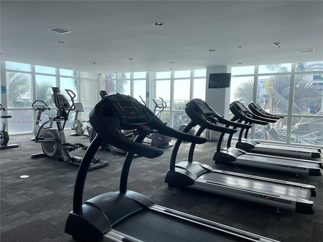 workout area featuring a wall of windows and dark carpet