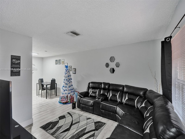 living room featuring light hardwood / wood-style floors and a textured ceiling