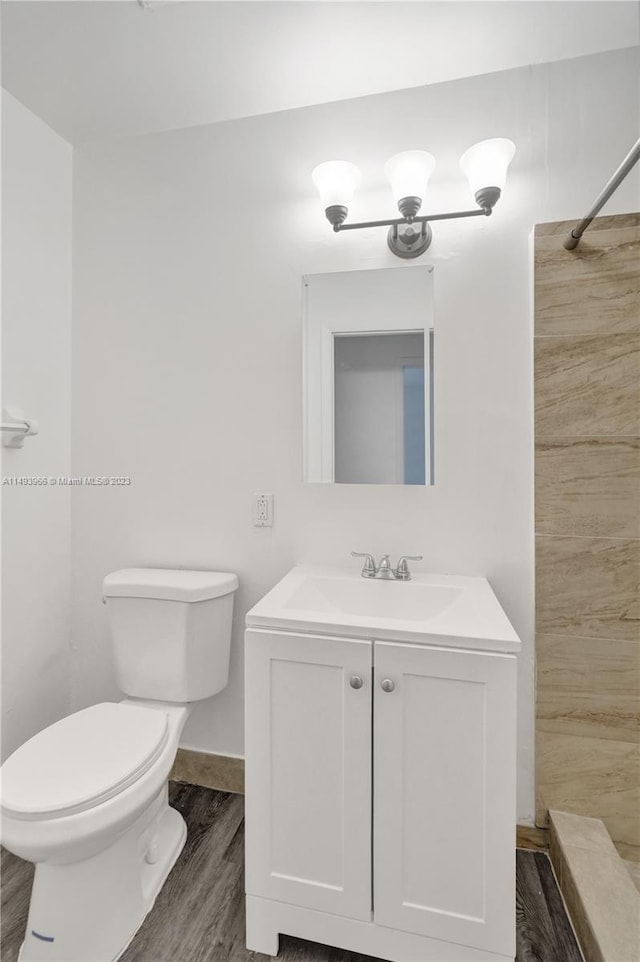 bathroom featuring large vanity, toilet, and wood-type flooring