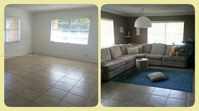 living room with tile patterned flooring and ornamental molding