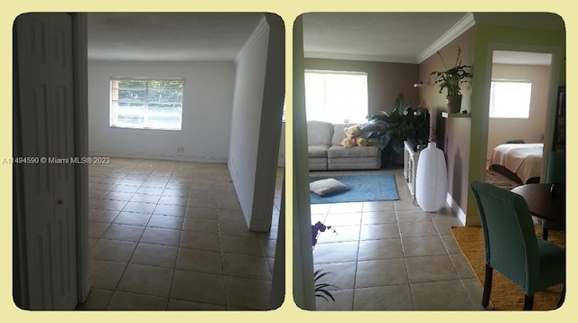 corridor featuring plenty of natural light, dark tile patterned floors, and ornamental molding